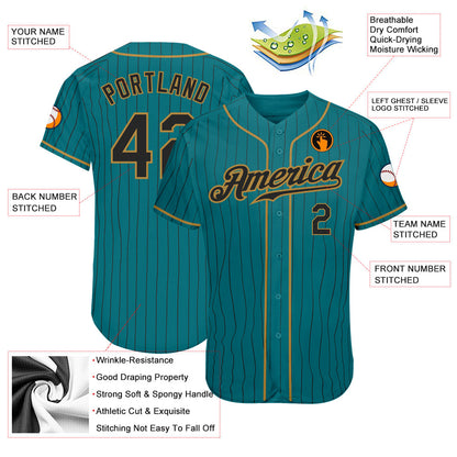Custom Teal Black Pinstripe Black-Old Gold Authentic Baseball Jersey - Sky-Custom