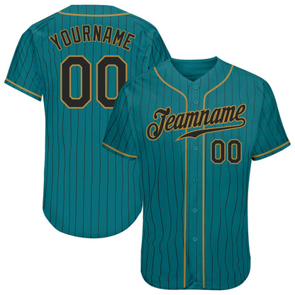 Custom Teal Black Pinstripe Black-Old Gold Authentic Baseball Jersey - Sky-Custom