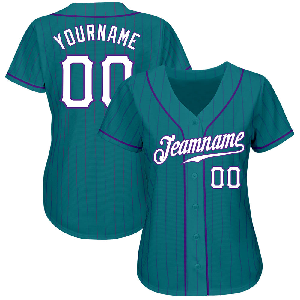 Custom Teal Purple Pinstripe White-Purple Authentic Baseball Jersey - Sky-Custom