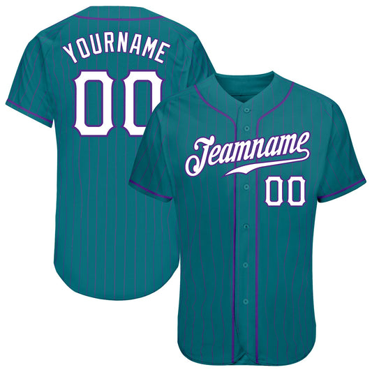 Custom Teal Purple Pinstripe White-Purple Authentic Baseball Jersey - Sky-Custom