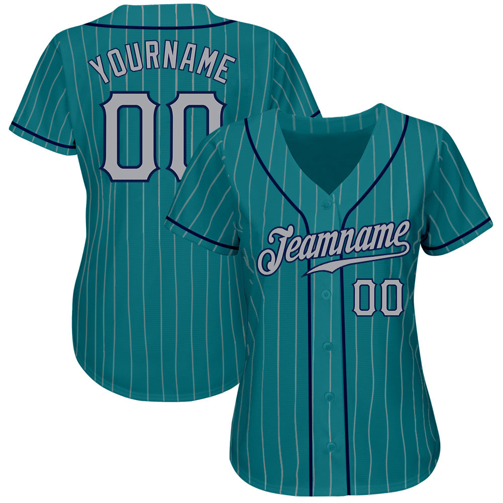 Custom Teal Gray Pinstripe Gray-Navy Authentic Baseball Jersey - Sky-Custom