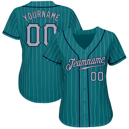 Custom Teal Gray Pinstripe Gray-Navy Authentic Baseball Jersey - Sky-Custom