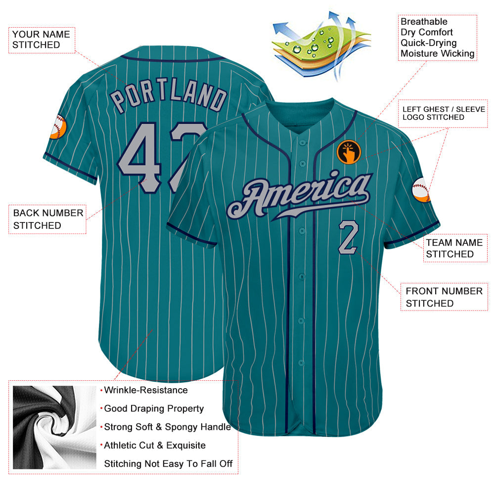 Custom Teal Gray Pinstripe Gray-Navy Authentic Baseball Jersey - Sky-Custom