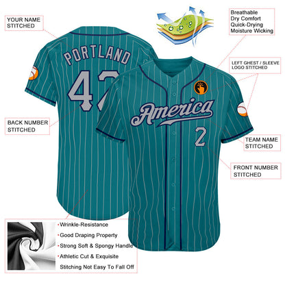 Custom Teal Gray Pinstripe Gray-Navy Authentic Baseball Jersey - Sky-Custom
