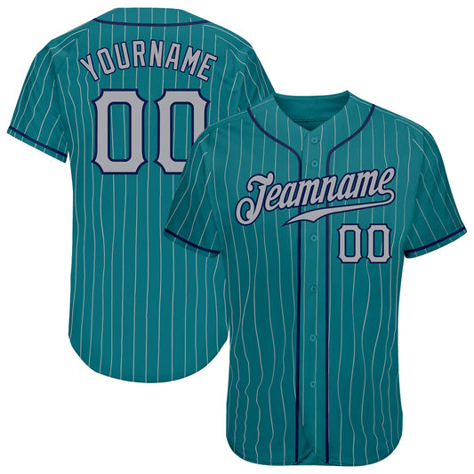 Custom Teal Gray Pinstripe Gray-Navy Authentic Baseball Jersey - Sky-Custom
