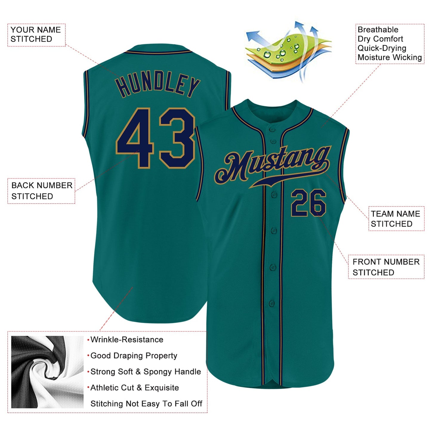 Custom Aqua Navy-Old Gold Authentic Sleeveless Baseball Jersey - Sky-Custom