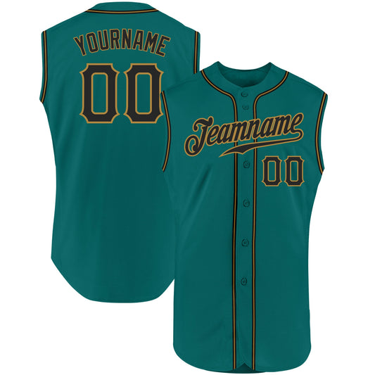 Custom Aqua Black-Old Gold Authentic Sleeveless Baseball Jersey - Sky-Custom