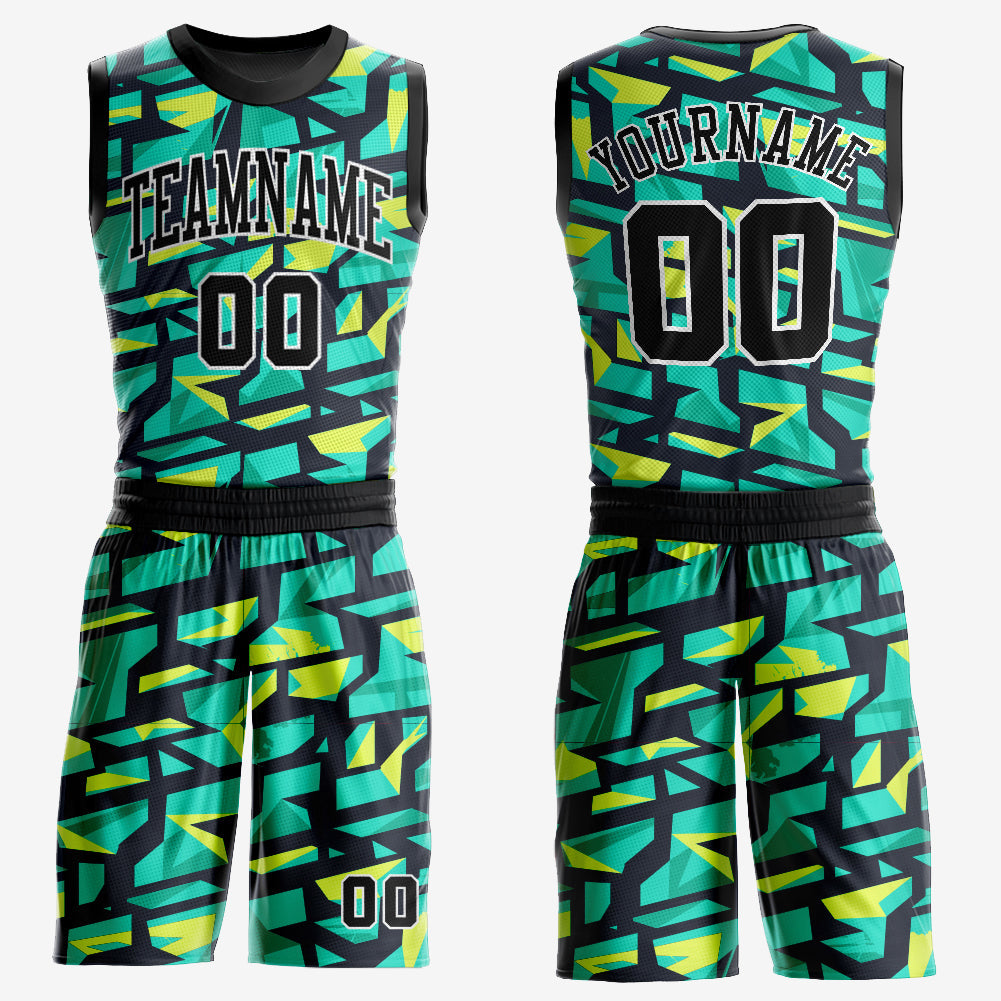 Custom Aqua Black-Neon Green Round Neck Sublimation Basketball Suit Jersey - Sky-Custom