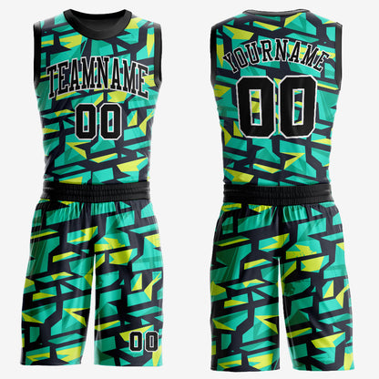 Custom Aqua Black-Neon Green Round Neck Sublimation Basketball Suit Jersey - Sky-Custom