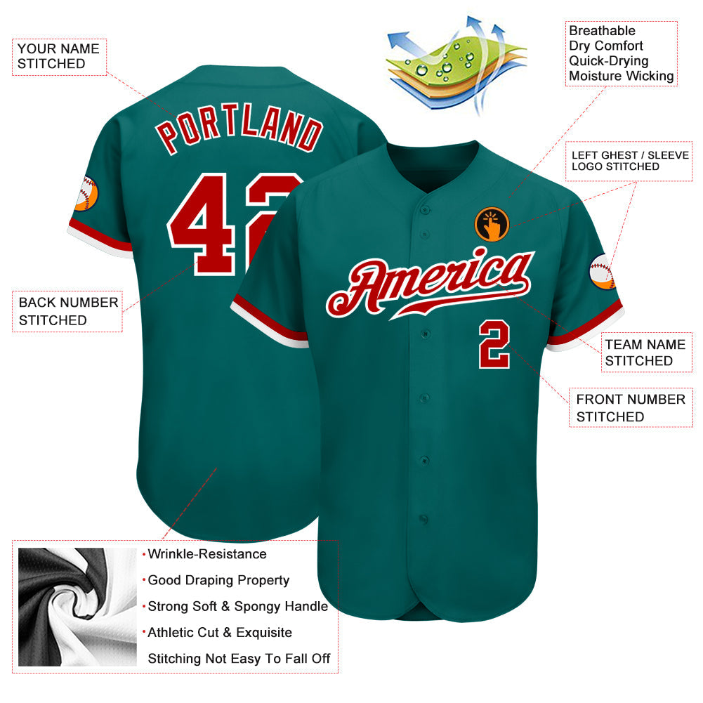 Custom Teal Red-White Authentic Baseball Jersey - Sky-Custom