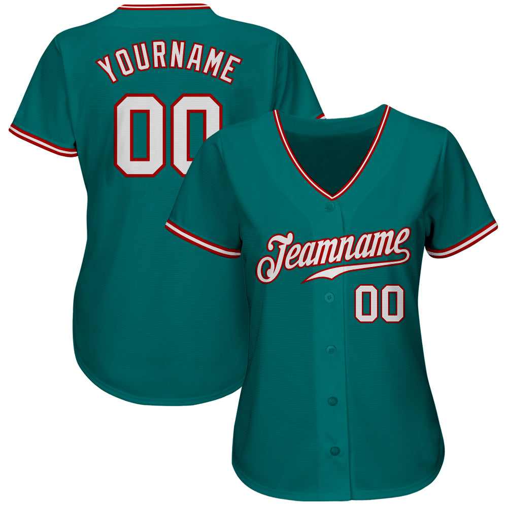 Custom Teal White-Red Authentic Baseball Jersey - Sky-Custom