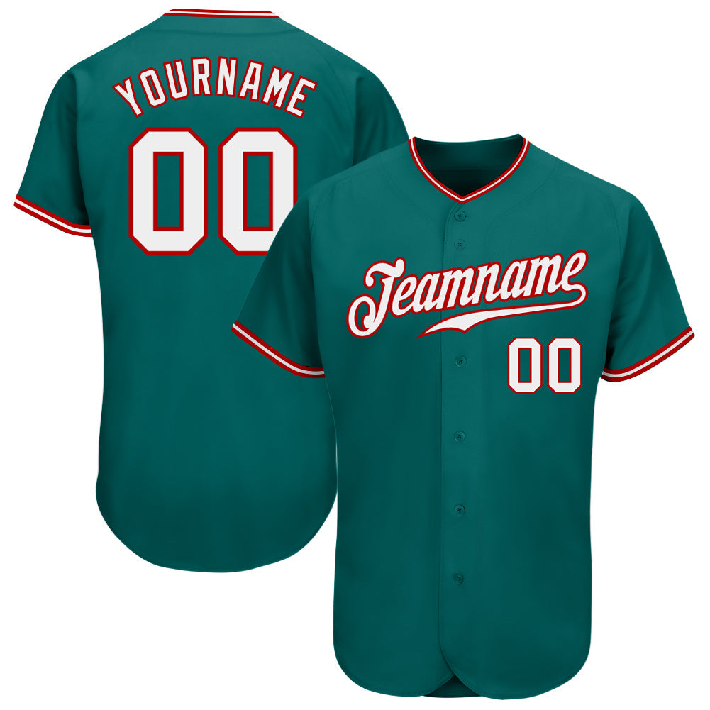 Custom Teal White-Red Authentic Baseball Jersey - Sky-Custom