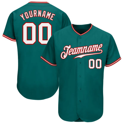 Custom Teal White-Red Authentic Baseball Jersey - Sky-Custom