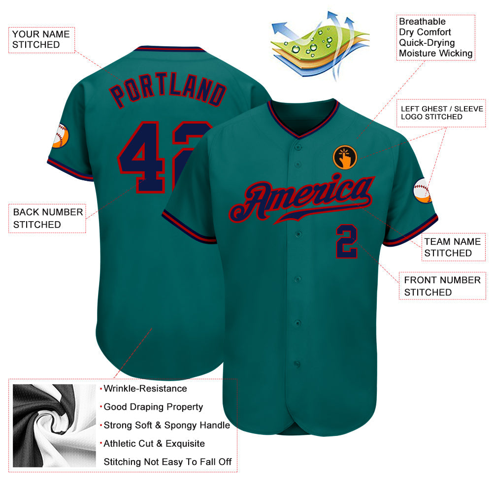Custom Teal Navy-Red Authentic Baseball Jersey - Sky-Custom