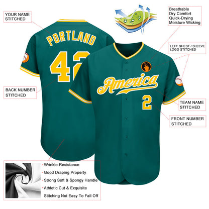 Custom Teal Gold-White Authentic Baseball Jersey - Sky-Custom