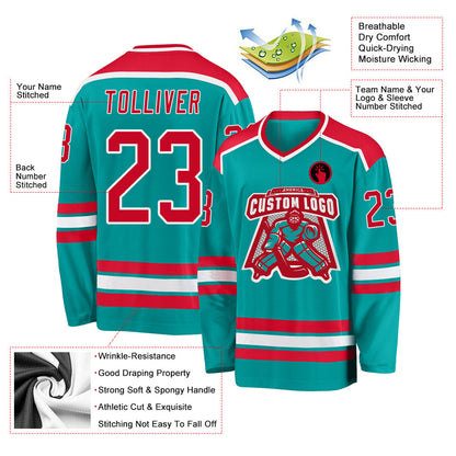 Custom Aqua Red-White Hockey Jersey - Sky-Custom