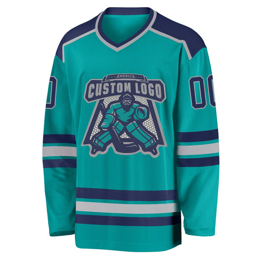Custom Aqua Navy-Gray Hockey Jersey - Sky-Custom