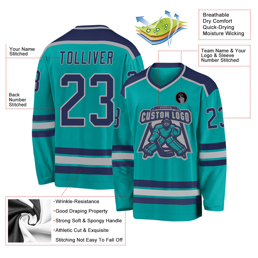 Custom Aqua Navy-Gray Hockey Jersey - Sky-Custom