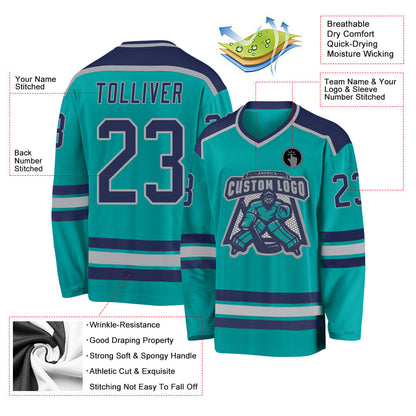 Custom Aqua Navy-Gray Hockey Jersey - Sky-Custom