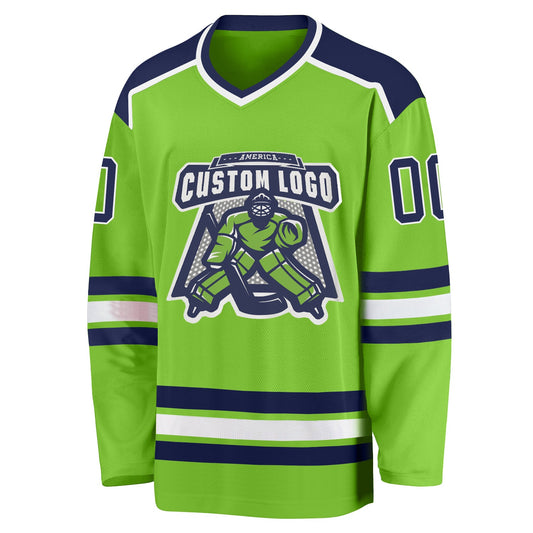 Custom Neon Green Navy-White Hockey Jersey - Sky-Custom
