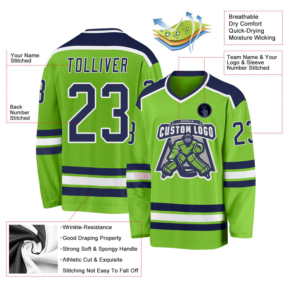 Custom Neon Green Navy-White Hockey Jersey - Sky-Custom
