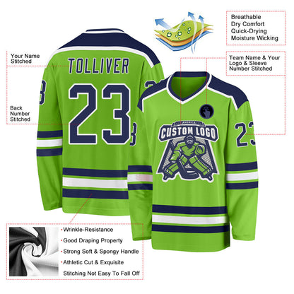 Custom Neon Green Navy-White Hockey Jersey - Sky-Custom