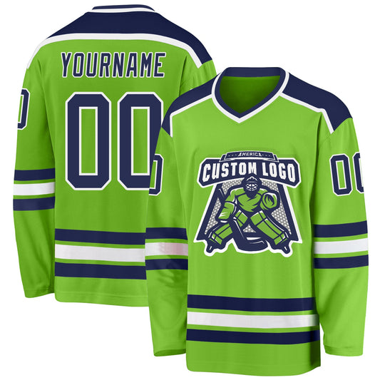Custom Neon Green Navy-White Hockey Jersey - Sky-Custom
