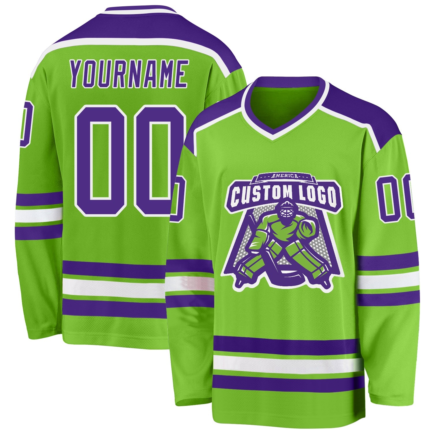 Custom Neon Green Purple-White Hockey Jersey - Sky-Custom