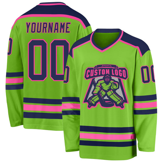 Custom Neon Green Navy-Pink Hockey Jersey - Sky-Custom