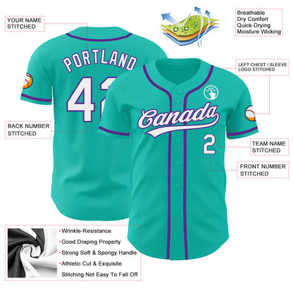 Custom Aqua White-Purple Authentic Baseball Jersey - Sky-Custom
