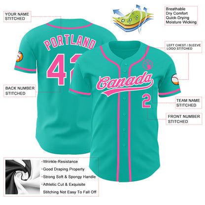 Custom Aqua Pink-White Authentic Baseball Jersey - Sky-Custom