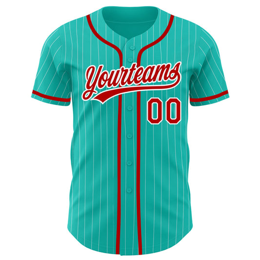 Custom Aqua White Pinstripe Red Authentic Baseball Jersey - Sky-Custom
