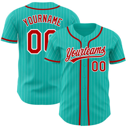 Custom Aqua White Pinstripe Red Authentic Baseball Jersey - Sky-Custom