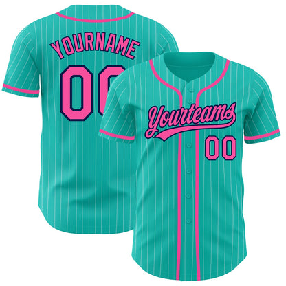 Custom Aqua White Pinstripe Pink-Navy Authentic Baseball Jersey - Sky-Custom