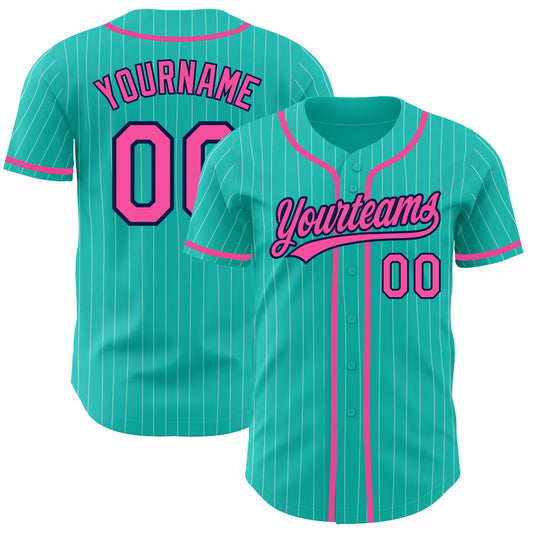Custom Aqua White Pinstripe Pink-Navy Authentic Baseball Jersey - Sky-Custom