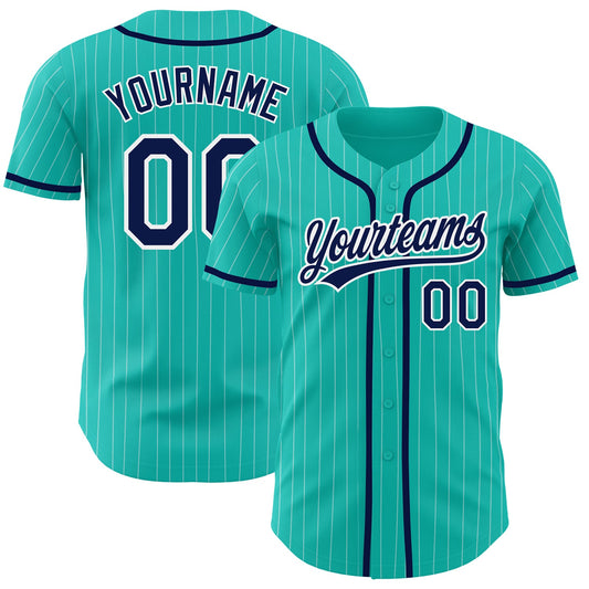 Custom Aqua White Pinstripe Navy Authentic Baseball Jersey - Sky-Custom