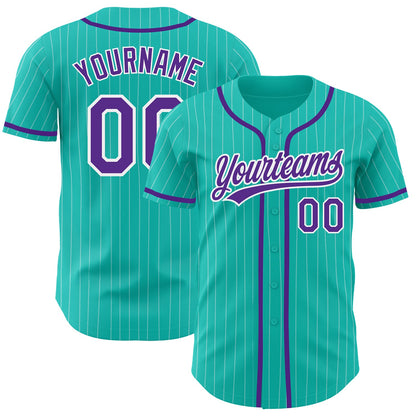 Custom Aqua White Pinstripe Purple Authentic Baseball Jersey - Sky-Custom