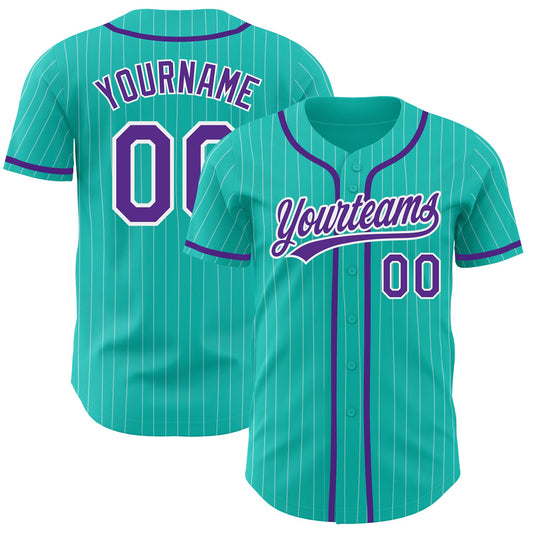 Custom Aqua White Pinstripe Purple Authentic Baseball Jersey - Sky-Custom