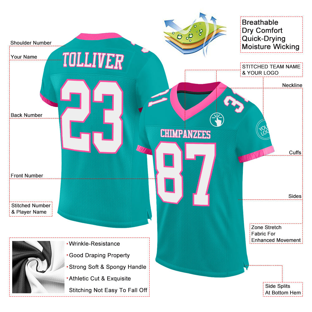 Custom Aqua White-Pink Mesh Authentic Football Jersey - Sky-Custom