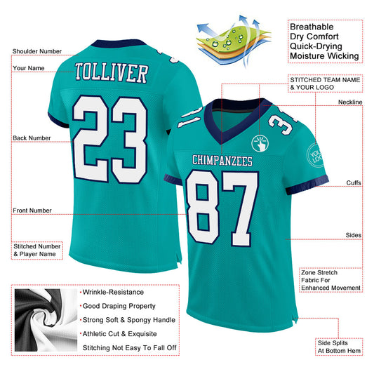 Custom Aqua White-Navy Mesh Authentic Football Jersey - Sky-Custom