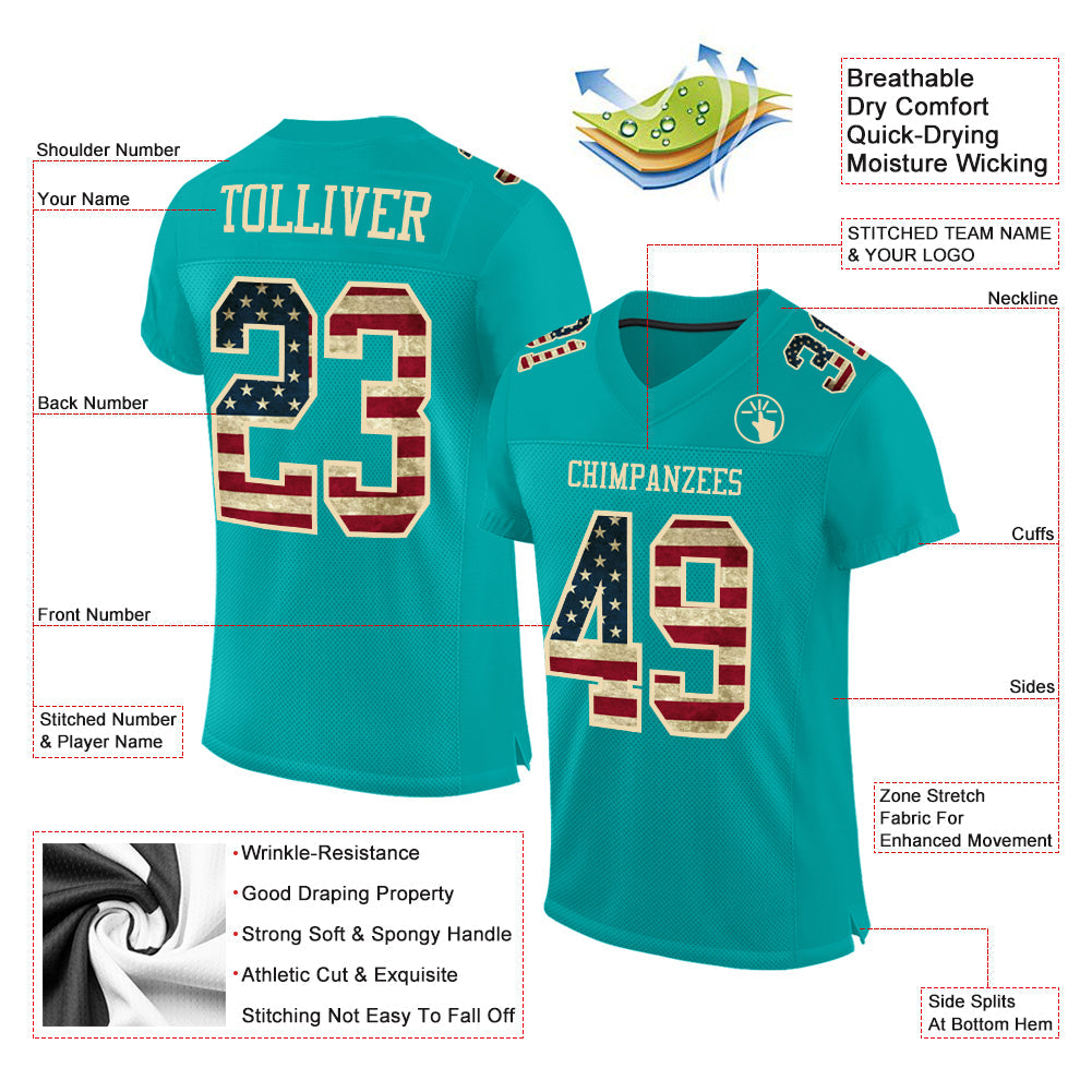 Custom Aqua Vintage USA Flag-City Cream Mesh Authentic Football Jersey - Sky-Custom