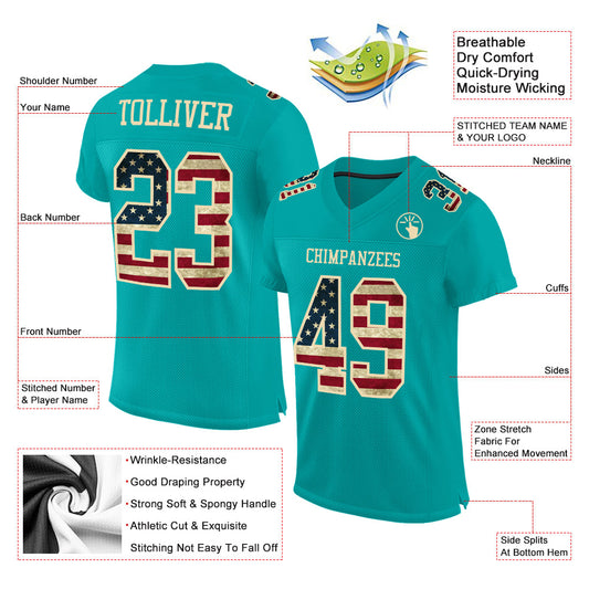 Custom Aqua Vintage USA Flag-City Cream Mesh Authentic Football Jersey - Sky-Custom