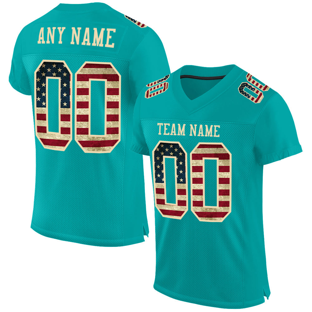 Custom Aqua Vintage USA Flag-City Cream Mesh Authentic Football Jersey - Sky-Custom