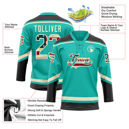 Custom Aqua Vintage USA Flag Black-Cream Hockey Lace Neck Jersey - Sky-Custom