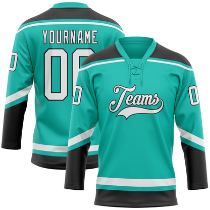 Custom Aqua White-Black Hockey Lace Neck Jersey - Sky-Custom