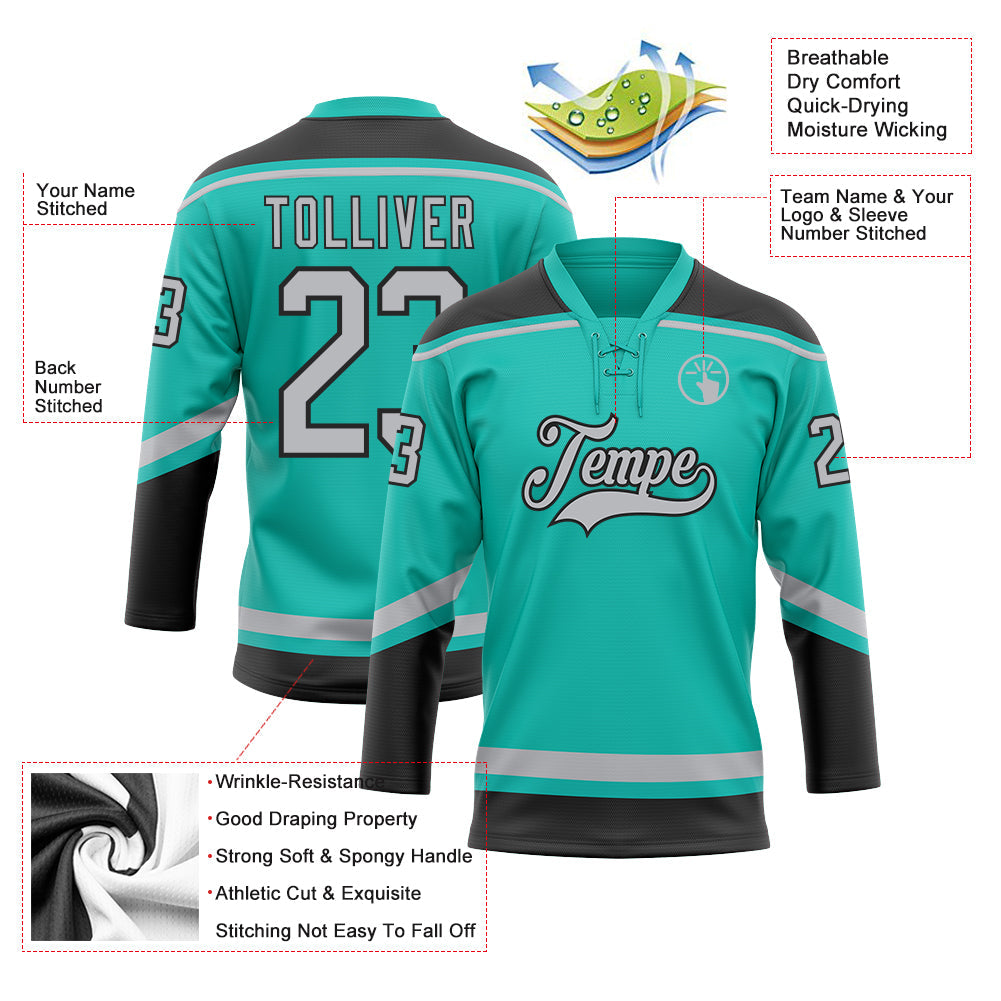 Custom Aqua Gray-Black Hockey Lace Neck Jersey - Sky-Custom