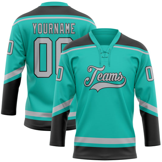 Custom Aqua Gray-Black Hockey Lace Neck Jersey - Sky-Custom