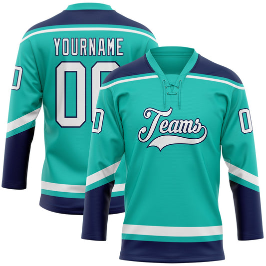 Custom Aqua White-Navy Hockey Lace Neck Jersey - Sky-Custom