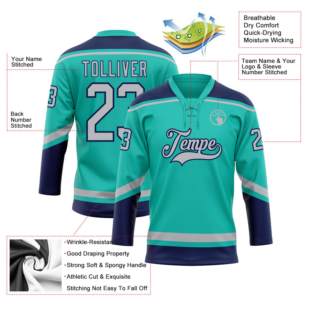 Custom Aqua Gray-Navy Hockey Lace Neck Jersey - Sky-Custom