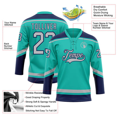 Custom Aqua Gray-Navy Hockey Lace Neck Jersey - Sky-Custom